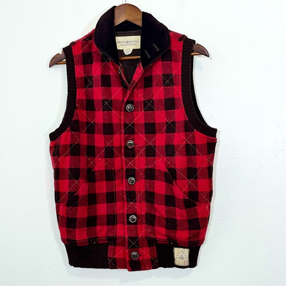 Denim Supply Ralph Lauren Red Brown Buffalo Plaid Lumberjack Vest Size Small